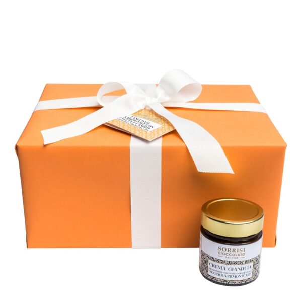 Box con colomba classica e vaso di crema gianduia fondente